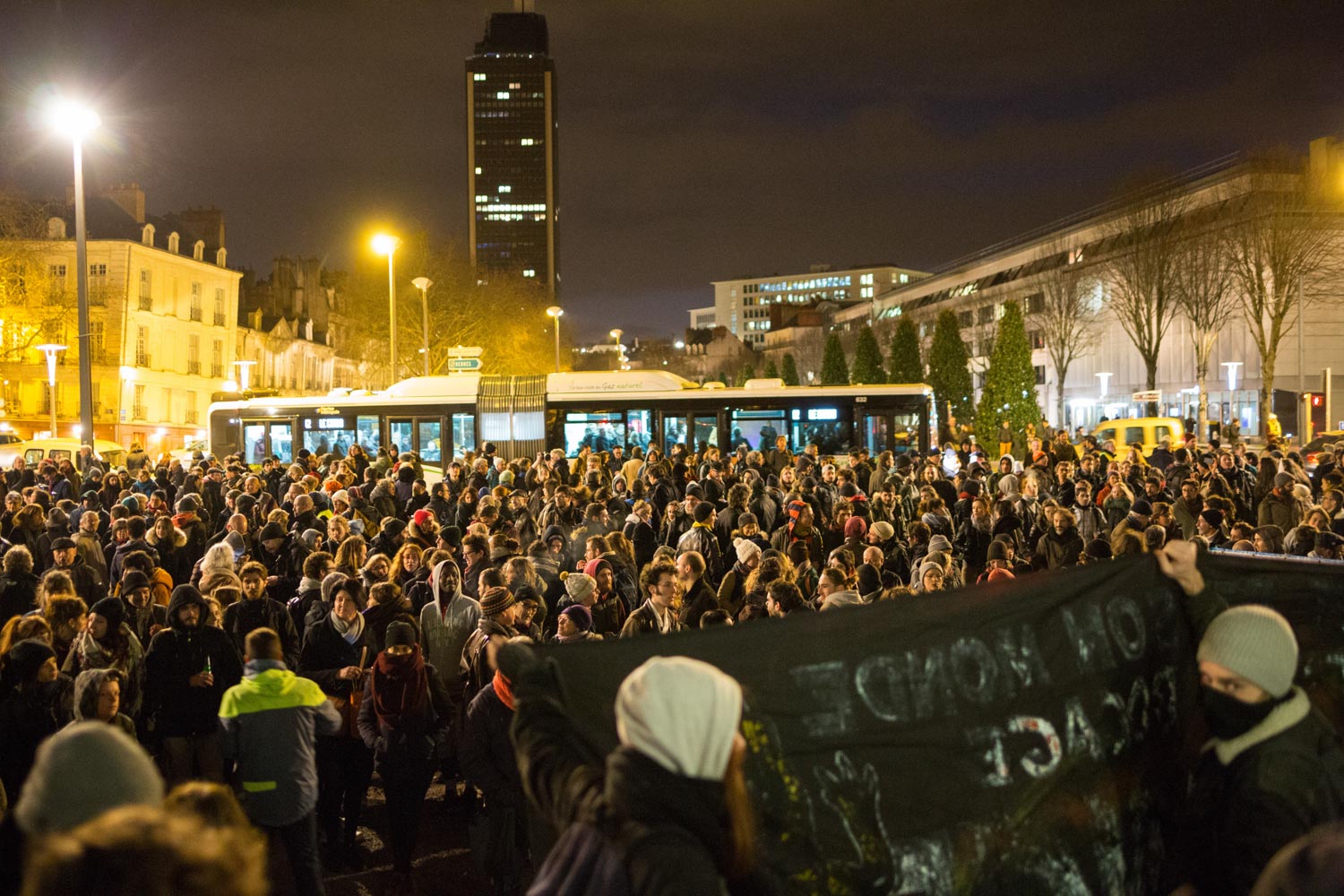 Demonstration to celebrate the abandonment of the 50 years old airport project of Notre-Dame-des-Landes, near Nantes in France, and say no to expulsions after the Prime Minister Edouard Philippe announced it during the day.
Nantes, France - 17/01/2018.

Manifestation pour célébrer l'abandon du projet d'aéroport à Notre Dame des Landes près de Nantes et dire non aux expulsions suite à l'annonce du Premier Ministre Edouard Phillipe dans la journée. 
Nantes, France - 17/01/2018.